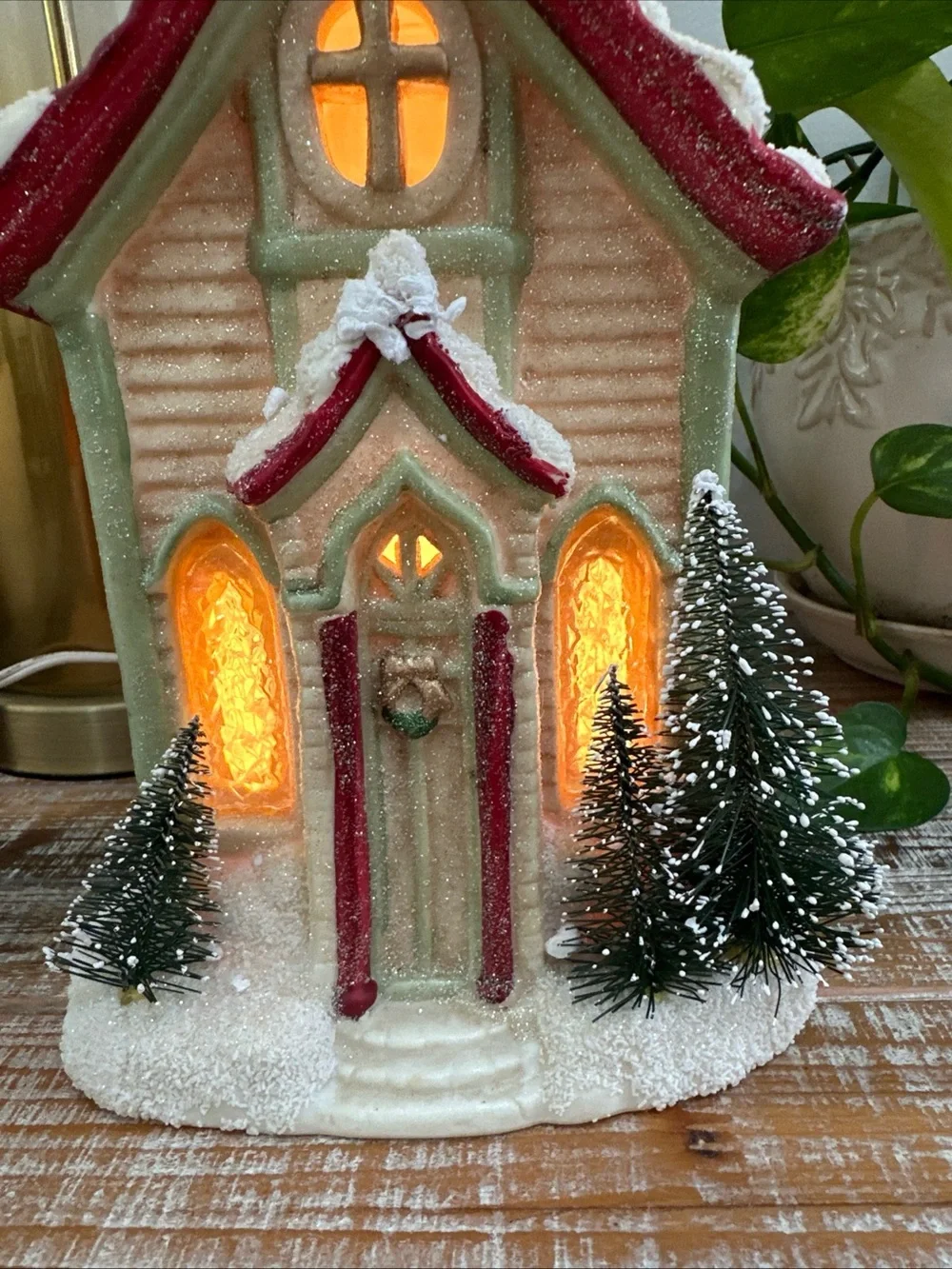 Vintage Ceramic Lighted Christmas Church Building Red Roof with Snow Trees